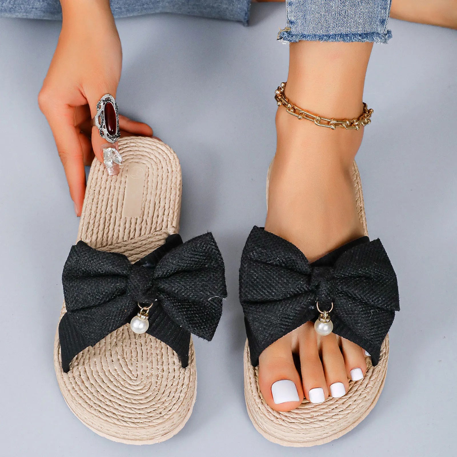 Ladies Sandals Slippers Solid Colour Bow Beach Outer Wear Flat Bottom Large Size Anime Slippers For Women Dressy Sandalias - ShoreCo.Shop