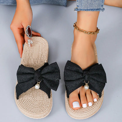 Ladies Sandals Slippers Solid Colour Bow Beach Outer Wear Flat Bottom Large Size Anime Slippers For Women Dressy Sandalias - ShoreCo.Shop