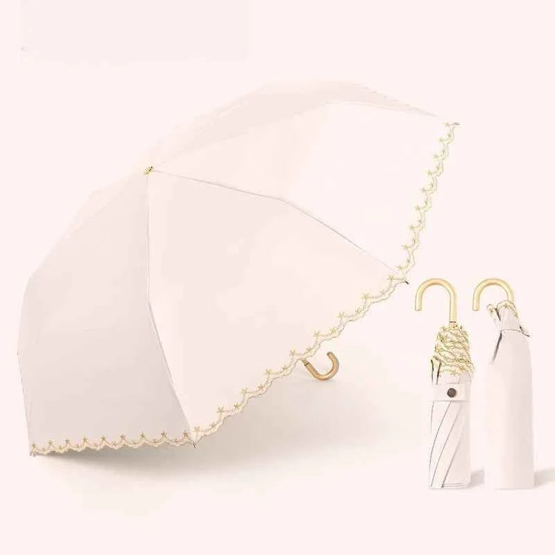 1pc Embroidered Sun Umbrella for Women Sun Protection and UV Protection All-weather Curved Hook Umbrella Folding Umbrella