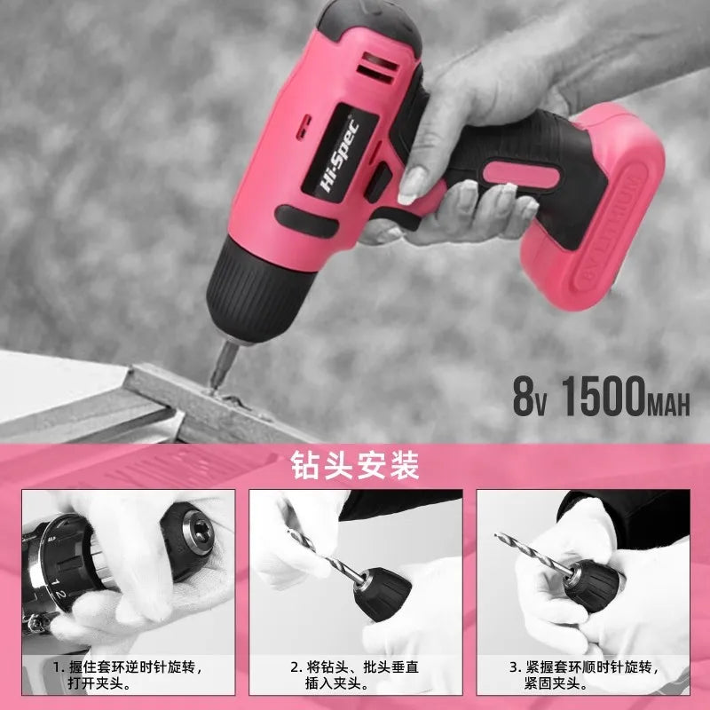 Hi-Spec 92-Piece Pink Home Tool Box Set, Multi-Function Hand Repair Kit with Hammer Cordless Power Drill Combo for Household DIY - ShoreCo.Shop