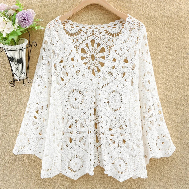Women's Shirt 2025 Hollow out New Female Coat Knitted Shirt Lace Thin Hook Flower Loose Solid Color Fashion Top Hoodie Versatile    Your Coastal Marketplace | Shoreshopper.com
