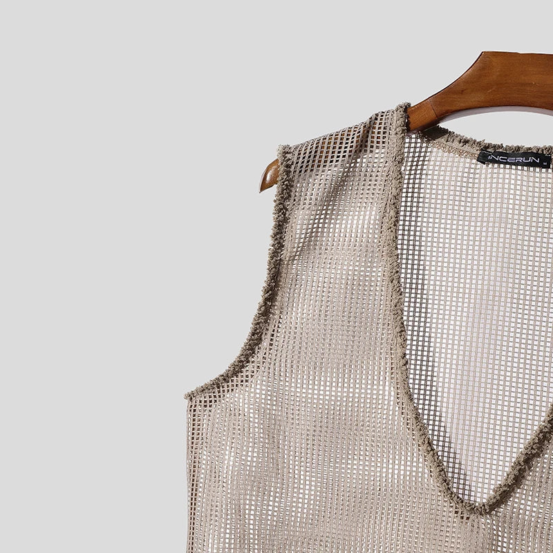 INCERUN Men Tank Tops Hollow Out Mesh See Through Sexy Tassel Male Vests Summer 2025 Solid Color Fashion Streetwear Men Clothing - ShoreCo.Shop