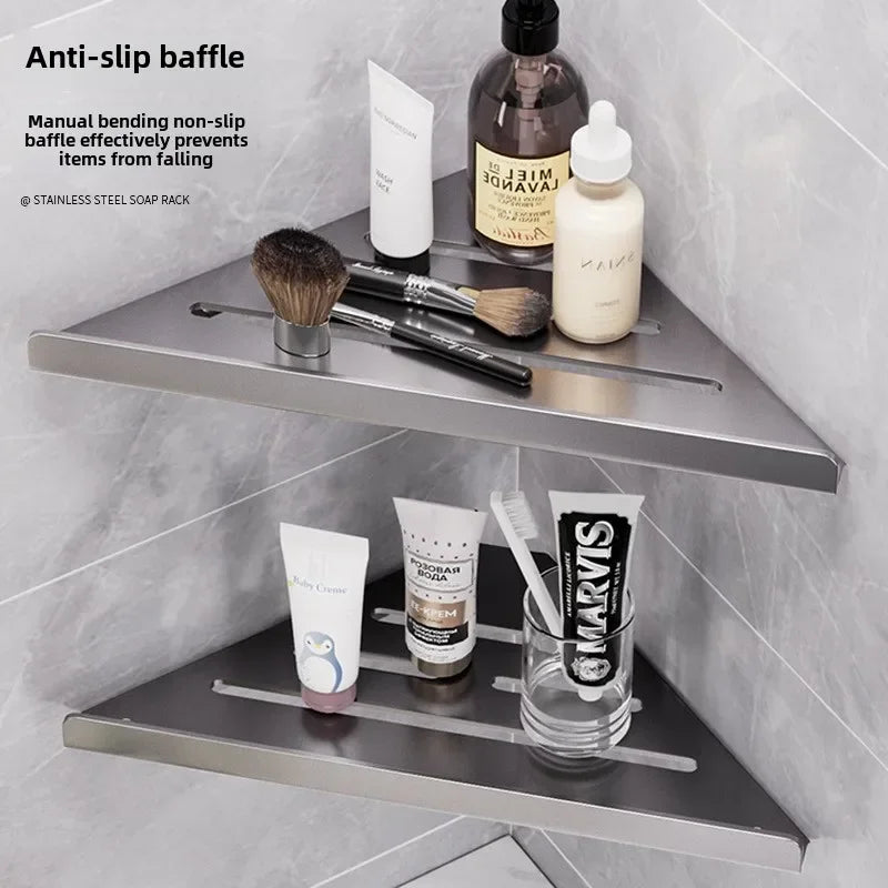 Bathroom Triangle Drain Shelf No Drilling Wall Mounted Cosmetic and Toiletries Hollow Carbon Steel Shelf with Hooks    Home Decor Supply | Online Retail | ShoreShopper.com