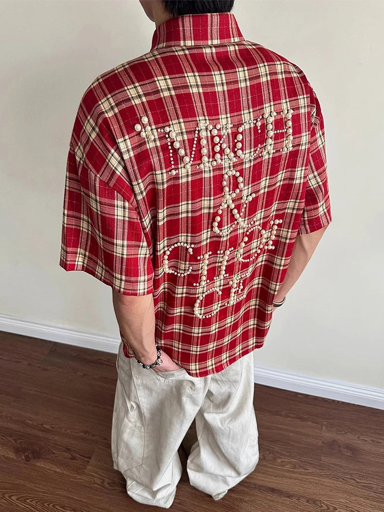 Trendy Pearls Stitching Shirts For Men 2025 Summer New Casual Plaid Shirt Mens Vintage Button-up Turn-down Collar Cardigan Tops    Home Decor Supply | Online Retail | ShoreShopper.com