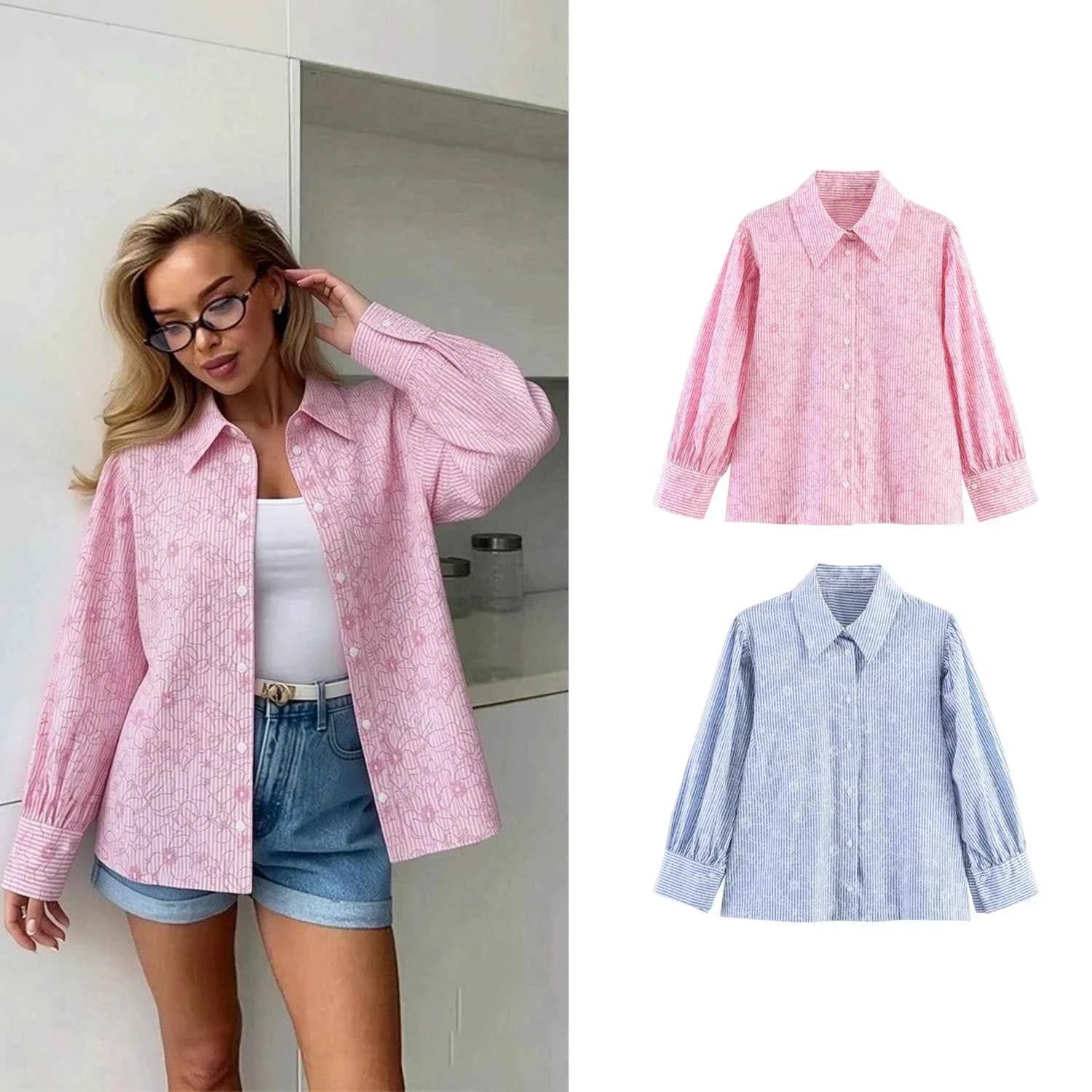 Women's Shirts Spring Summer  Female Lapel Print Striped Shirt Lady Elegant Blouses Casual Temperament Chic Ladies Tops Mujer