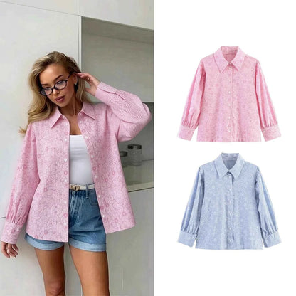 Women's Shirts Spring Summer  Female Lapel Print Striped Shirt Lady Elegant Blouses Casual Temperament Chic Ladies Tops Mujer