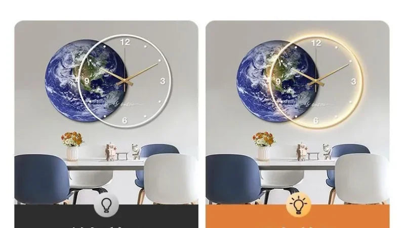 Large Wall Clock Luxury Dining Room Living Room Moon The Earth Modelling LED Light Silent Movement Bedroom Clock Wall Decoration    Home Decor Supply | Online Retail | ShoreShopper.com