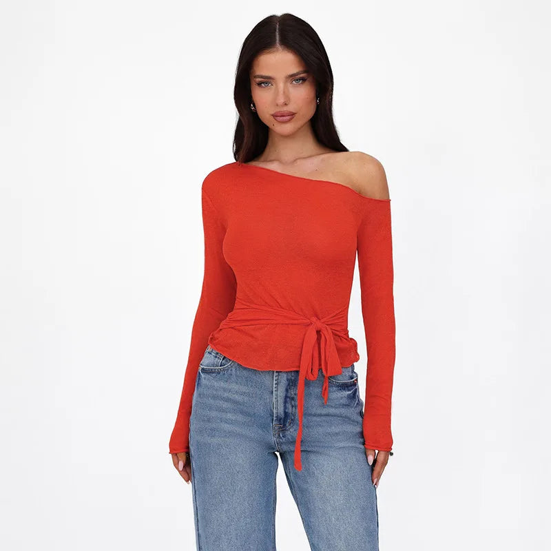 One Shoulder T Shirts For Women Aesthetic Clothes Sashes Crop Top Y2k Accessories Long Sleeve Lady Tshirt Ropa Mujer Camisetas    Your Coastal Marketplace | Shoreshopper.com