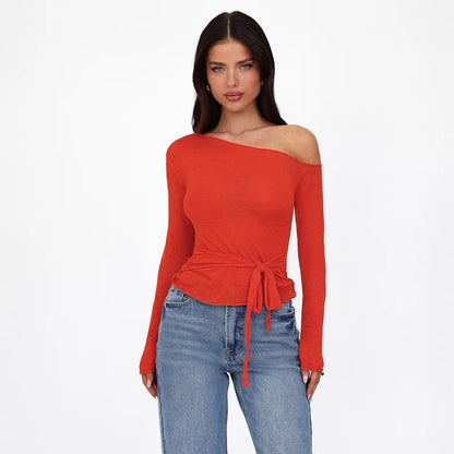 One Shoulder T Shirts For Women Aesthetic Clothes Sashes Crop Top Y2k Accessories Long Sleeve Lady Tshirt Ropa Mujer Camisetas    Your Coastal Marketplace | Shoreshopper.com