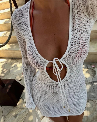 Beach dress sexy hollow out perspective knitted sunscreen suit 2025 European and American beach vacation short skirt    Your Coastal Marketplace | Shoreshopper.com