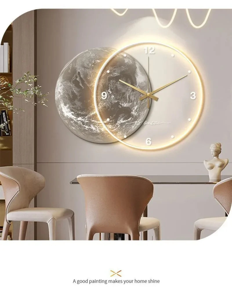 Large Wall Clock Luxury Dining Room Living Room Moon The Earth Modelling LED Light Silent Movement Bedroom Clock Wall Decoration    Home Decor Supply | Online Retail | ShoreShopper.com