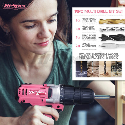 Hi-Spec 92-Piece Pink Home Tool Box Set, Multi-Function Hand Repair Kit with Hammer Cordless Power Drill Combo for Household DIY - ShoreCo.Shop