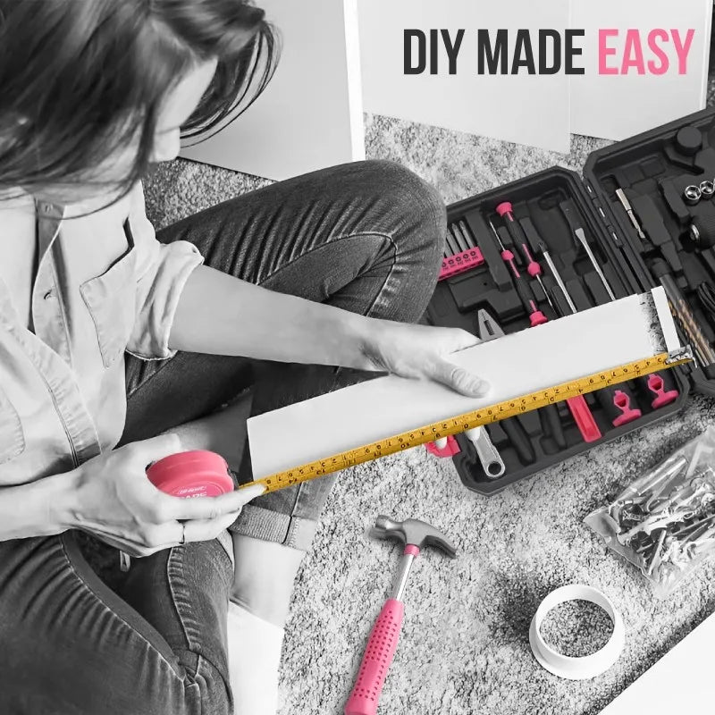 Hi-Spec 92-Piece Pink Home Tool Box Set, Multi-Function Hand Repair Kit with Hammer Cordless Power Drill Combo for Household DIY - ShoreCo.Shop