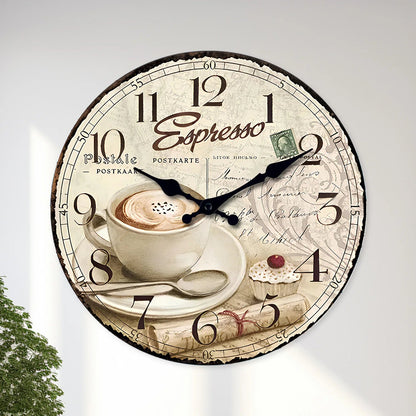 European Retro Coffee Cup Pattern Wooden Wall Clock for Living Room, Bedroom, Kitchen, Home Decoration, Silent Quartz Clock, Holiday Gift, 10 Inches, 12 Inches (No Battery)    Home Decor Supply | Online Retail | ShoreShopper.com