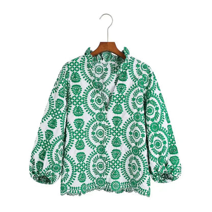 Women Red Floral Embroidered Shirt V Neck Long Sleeve Blouse Down Bohemian T-Shirt Casual Vacation Style Summer Clothing    Your Coastal Marketplace | Shoreshopper.com