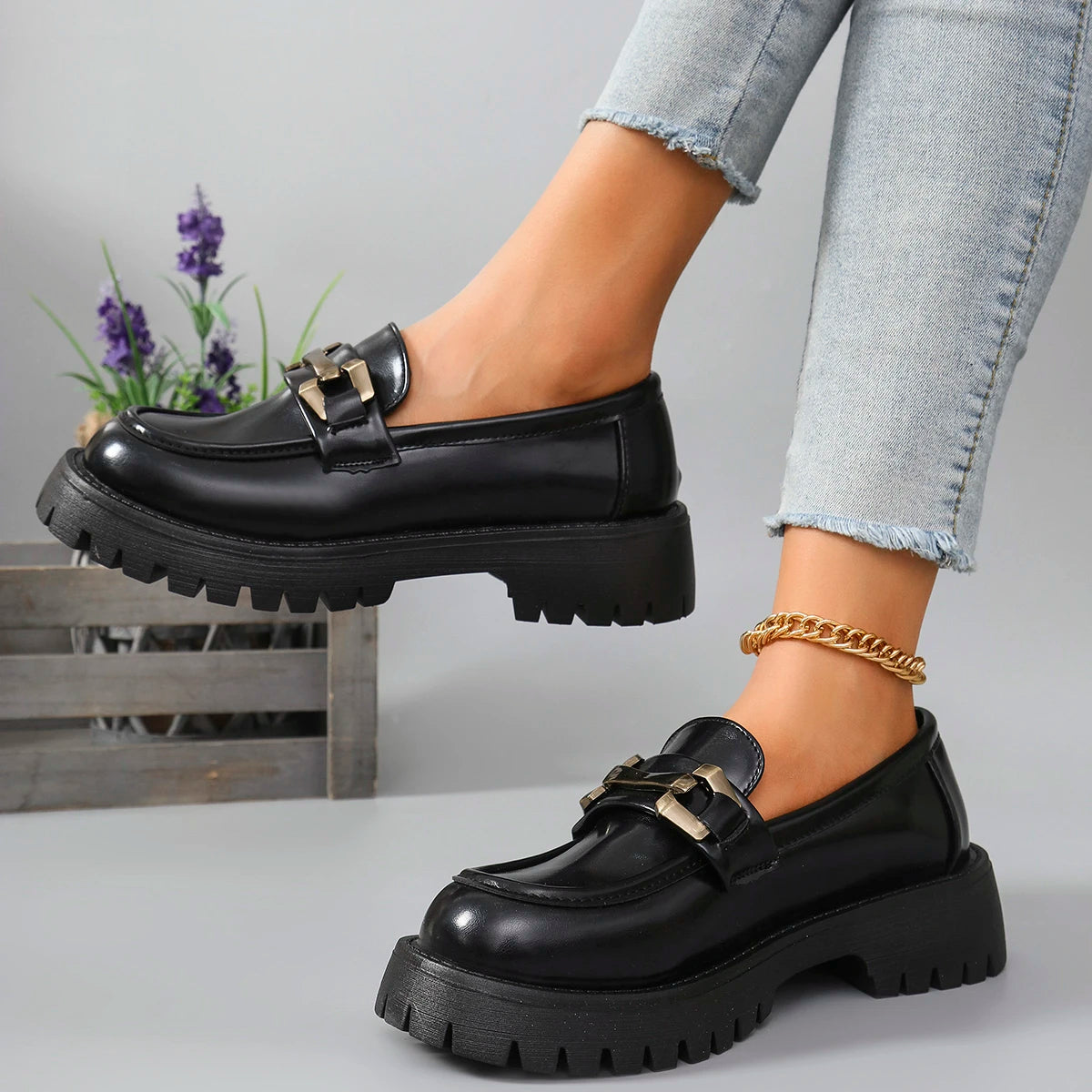 2025 Female Shoes Women Fashion Mary Janes Round Toe Flats Loafers Oxfords Platform Casual Metal Chain Buckle Ladies Heels Black    Your Coastal Marketplace | Shoreshopper.com