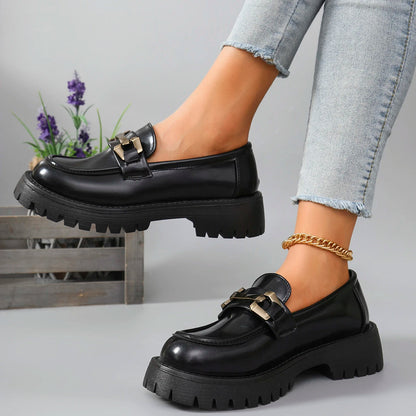 2025 Female Shoes Women Fashion Mary Janes Round Toe Flats Loafers Oxfords Platform Casual Metal Chain Buckle Ladies Heels Black    Your Coastal Marketplace | Shoreshopper.com