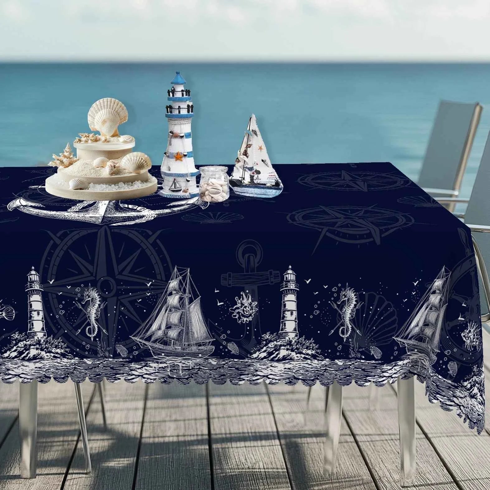 1pc Nautical Theme Tablecloth, Coastal Navy Blue Anchor, Lighthouse, Compass Designs For Spring Summer Decor