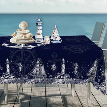 1pc Nautical Theme Tablecloth, Coastal Navy Blue Anchor, Lighthouse, Compass Designs For Spring Summer Decor