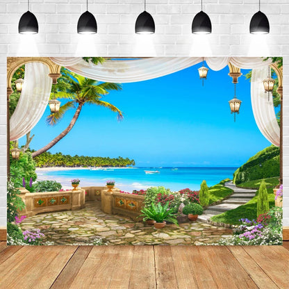 Summer Seaside Beach Photography Backdrop Natural Scenery Castle Tropical Sunshine Palms Leaves Photo Background Studio Props    Your Coastal Marketplace | Shoreshopper.com
