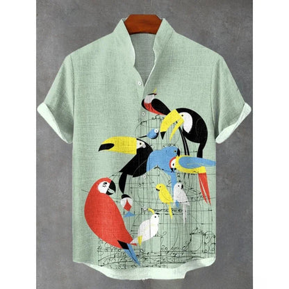 Men's Japanese Parrot Sakura Art Print Casual Shirt Men Blouses Summer Stand Collar Shirts Hawaiian Top Streetwear    Home Decor Supply | Online Retail | ShoreShopper.com