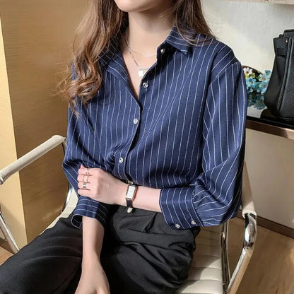 Striped Shirt Women Summer Vintage Chic Loose Long Sleeve Top Y2K Office Ladies Fashion Casual Turn Down Collar All Match Blouse    Your Coastal Marketplace | Shoreshopper.com
