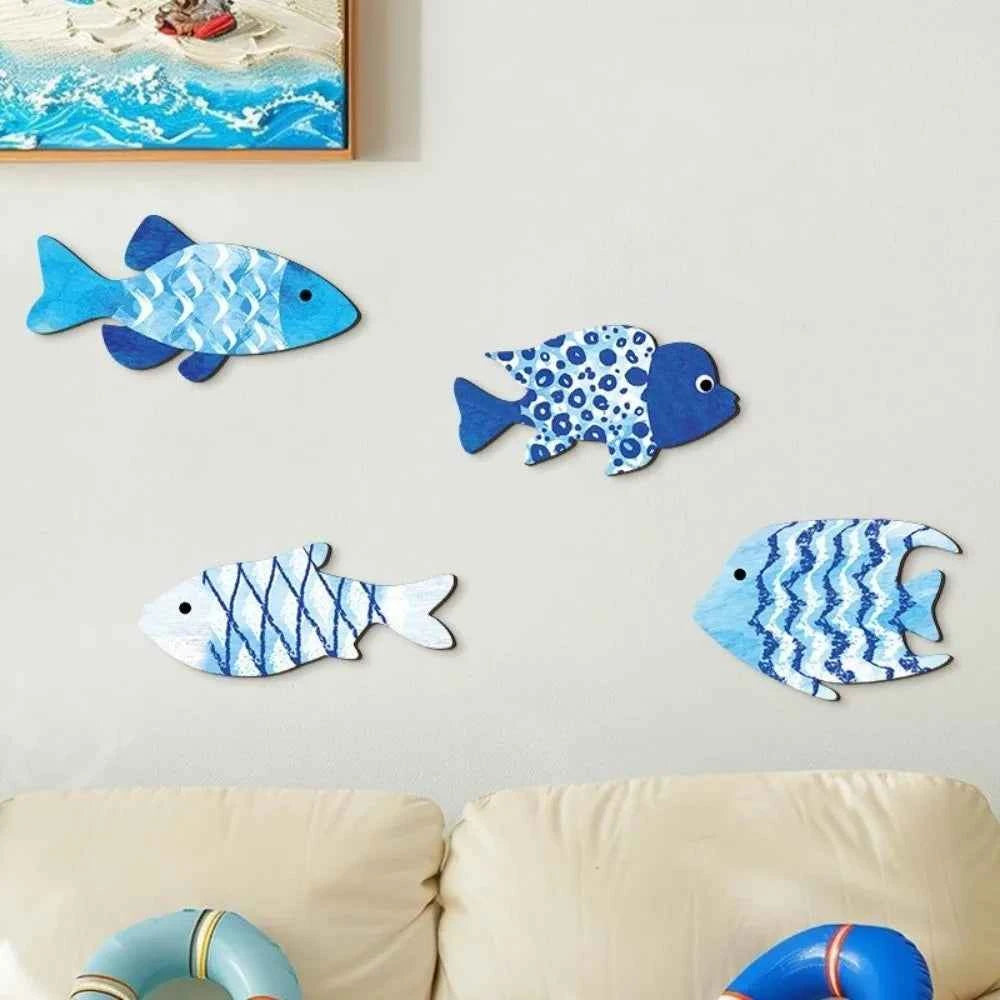 Marine Style Wooden Fish Wall Decor School of Fish Rustic Carving Fish Pendant Handcrafted Ocean Theme Nautical Wall Art