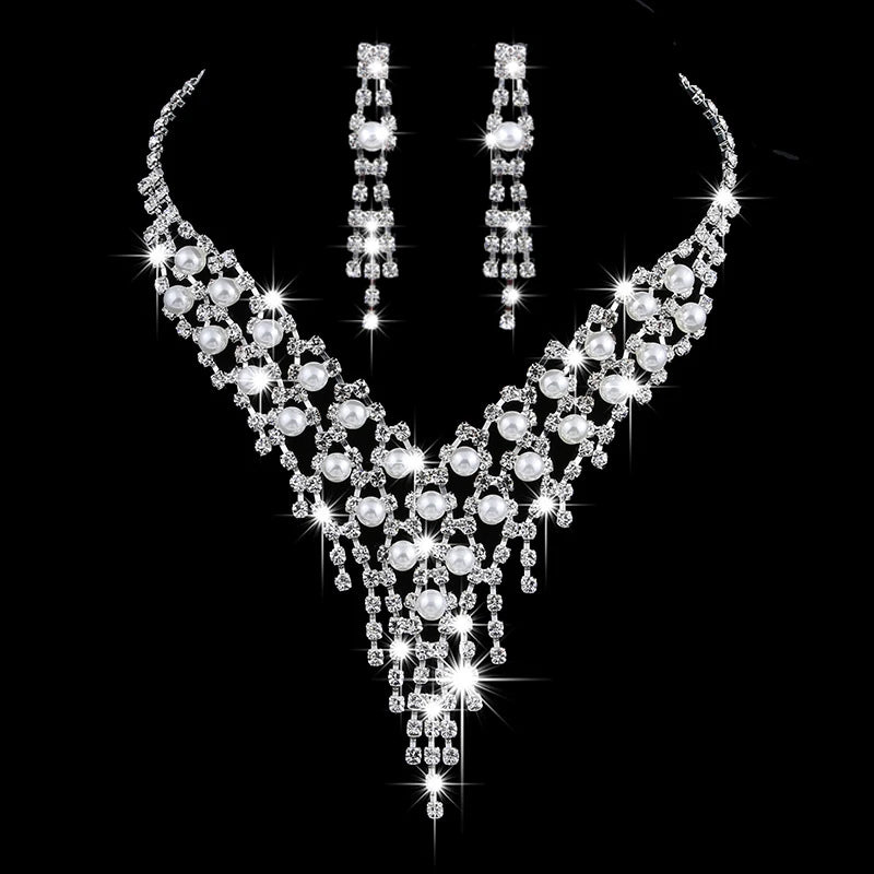 Luxury Long Tassels Jewelry Pearl Necklace Earing Set Crystal Zircon Wedding Bridal Jewelry Sets For Women Bijoux Mariage Zestaw    Home Decor Supply | Online Retail | ShoreShopper.com