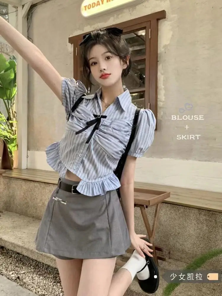 Bow-rinked Striped Shirt for Women Summer French Sweet and Spicy Puff Sleeve Shirt Short Short Sleeve Top    Home Decor Supply | Online Retail | ShoreShopper.com