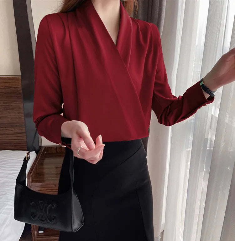 Women's Shirt, New 2026 Spring & Autumn Style, Cross V-Neck Long Sleeve Versatile Top    Your Coastal Marketplace | Shoreshopper.com