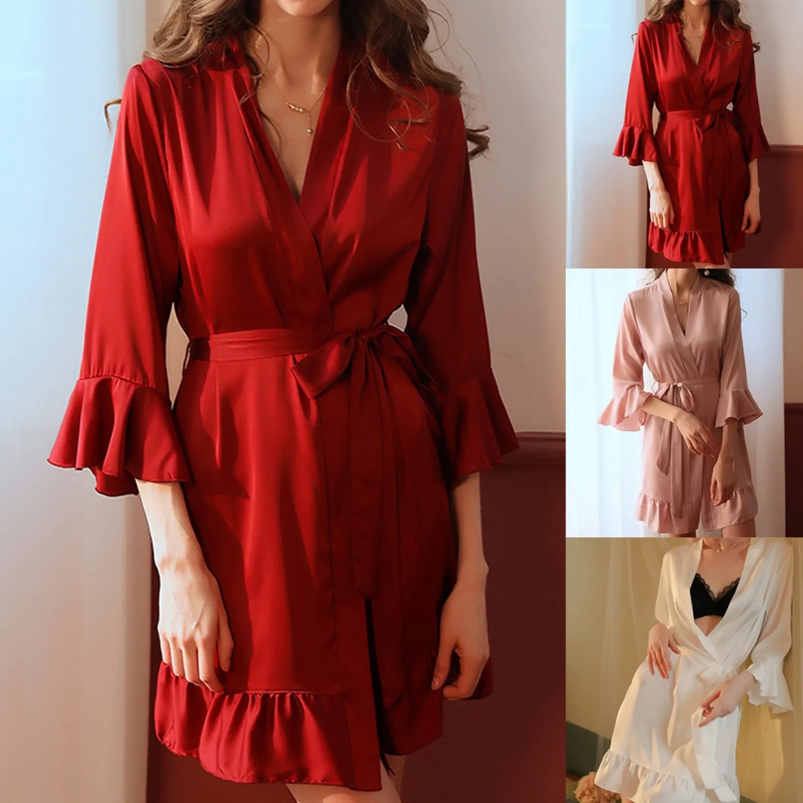 Sexy Flare Sleeve Kimono Gown Women Wedding Robe Silk Rayon Home Dress Elegant Ruffle Sleepwear Cozy Nightgown Intimate Lingerie - ShoreCo.Shop