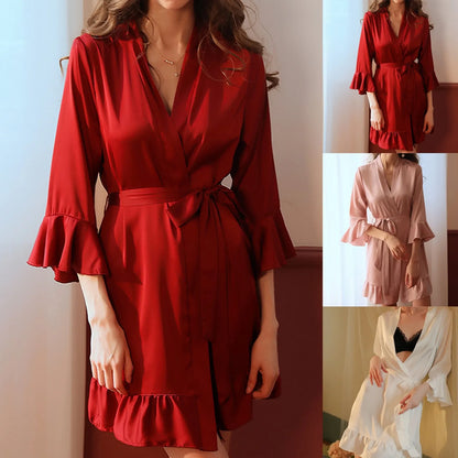 Sexy Flare Sleeve Kimono Gown Women Wedding Robe Silk Rayon Home Dress Elegant Ruffle Sleepwear Cozy Nightgown Intimate Lingerie - ShoreCo.Shop