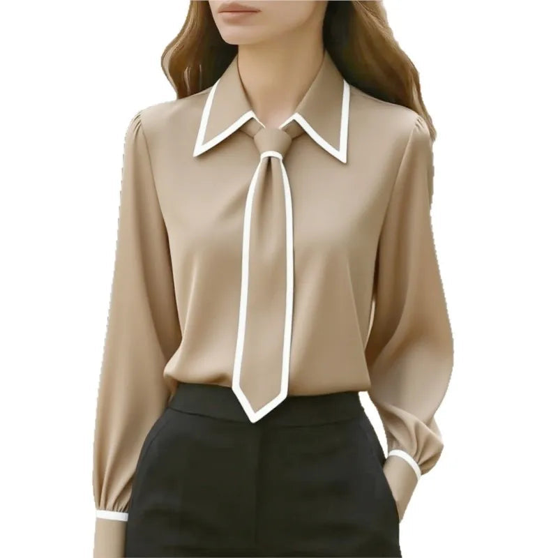 Women's Blouse Fashion Shirt Formal Bow Tie Long-sleeve Contrasting Trim Tops Slim-fit Workwear Elegant Office Lady Shirts Women    Your Coastal Marketplace | Shoreshopper.com