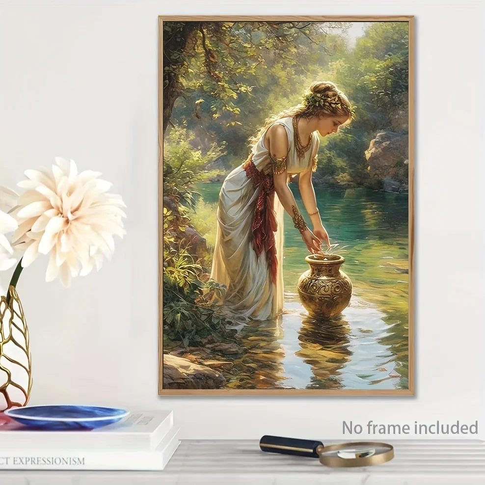 Elegant 3D Hand-Painted Canvas Oil Painting - Serene Forest Scene with Woman & Golden Vase, Abstract Home Wall Art    Home Decor Supply | Online Retail | ShoreShopper.com
