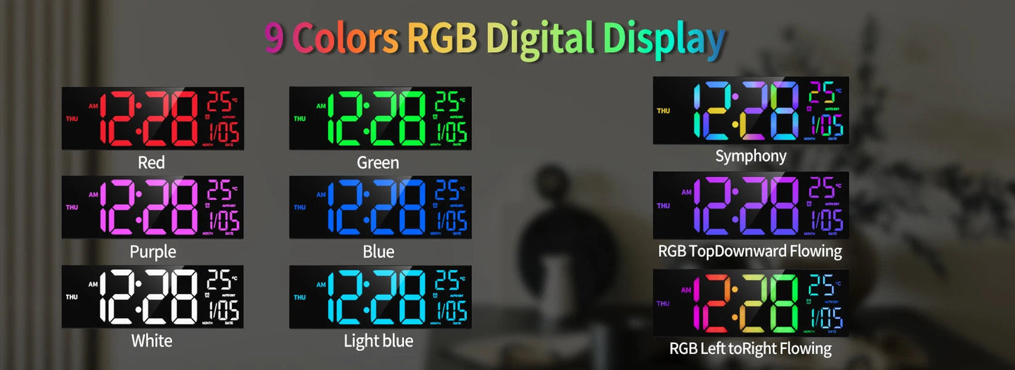 16" Large Digital Wall Clock, Big LED Display with Remote, 8 RGB Color, Alarm, DST, Temperature for Living Room, Kitchen    Home Decor Supply | Online Retail | ShoreShopper.com
