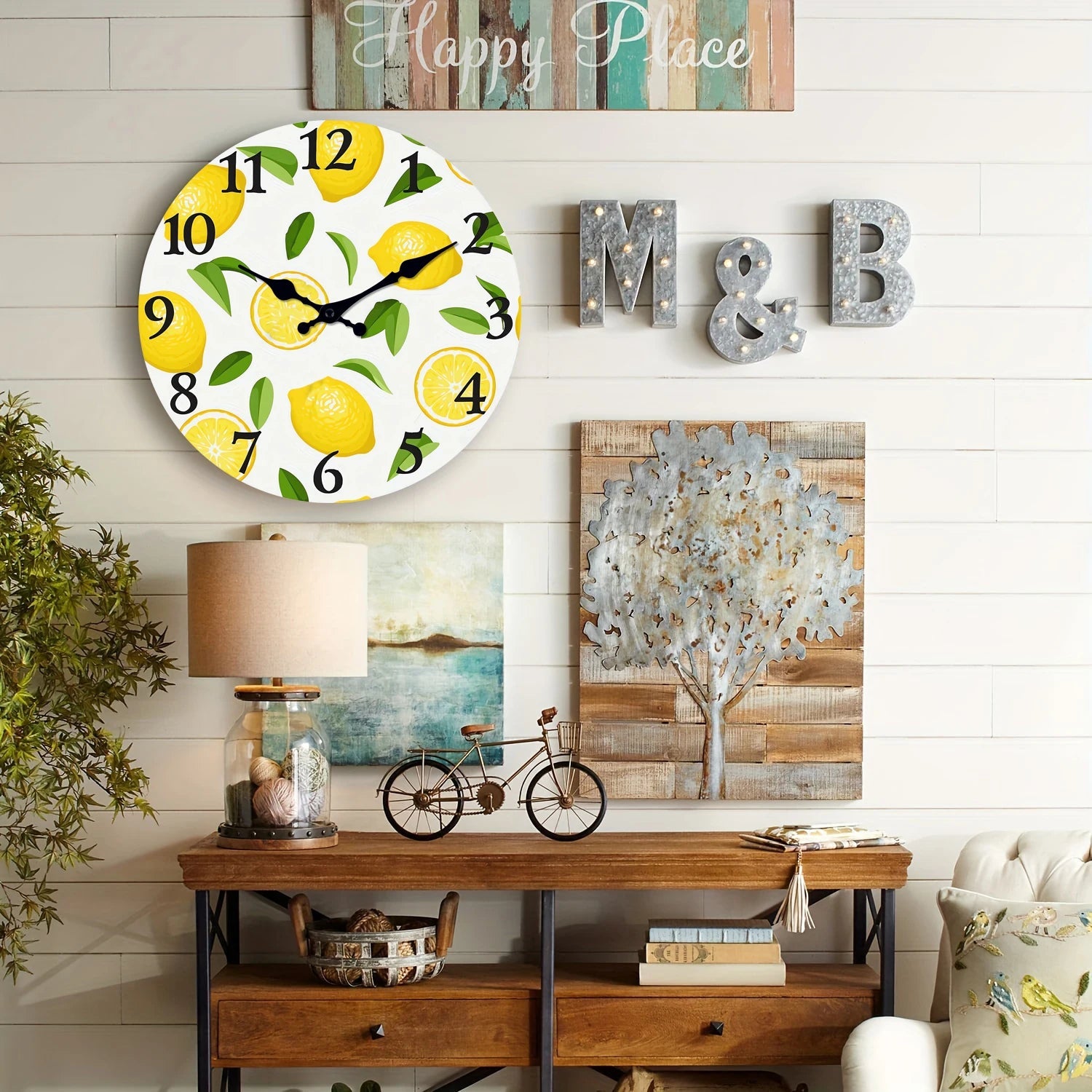 1pc wooden wall clock, yellow lemon and green leaf design wall clock, family mute clock, living room bedroom study decoration    Home Decor Supply | Online Retail | ShoreShopper.com