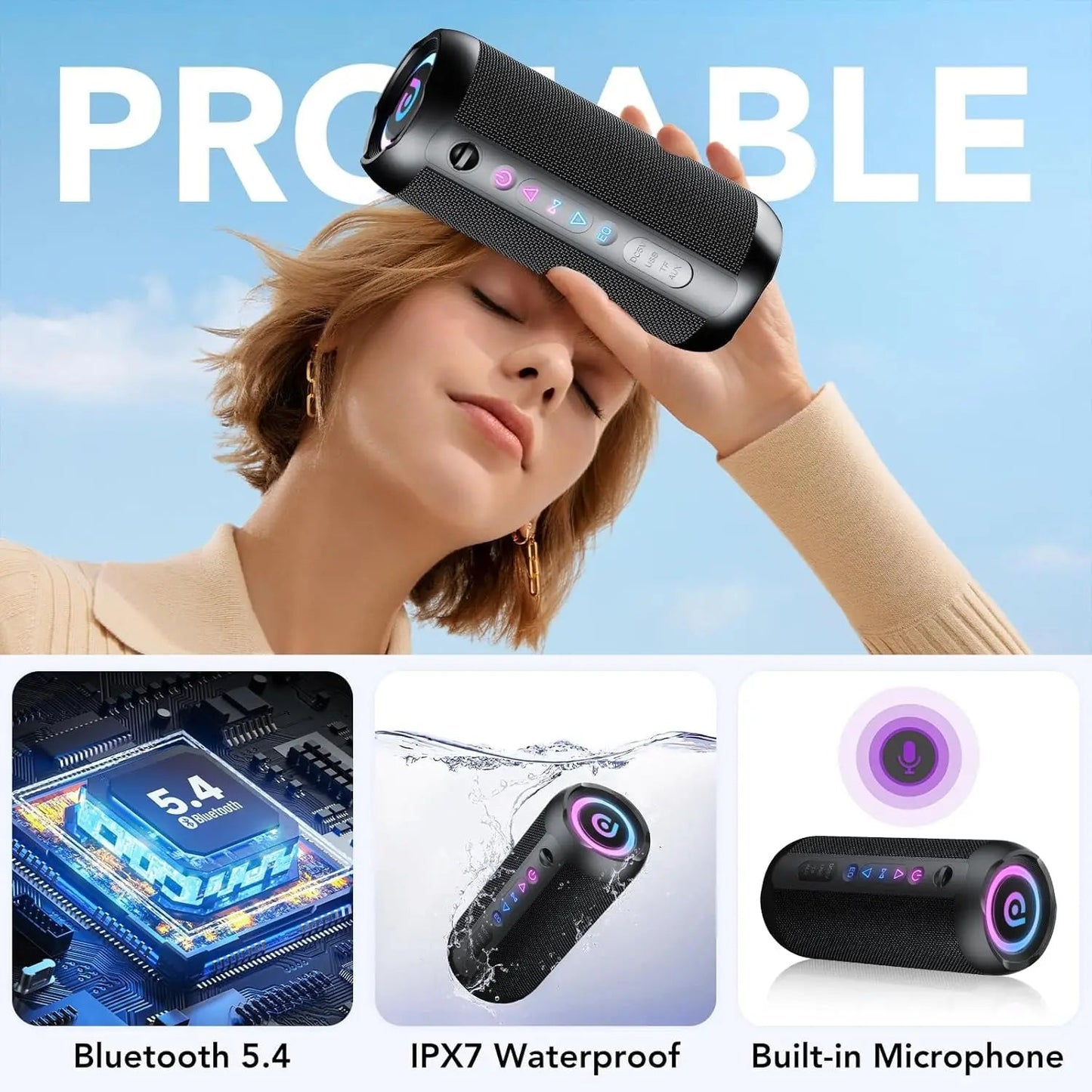 Portable Bluetooth Speaker, Bluetooth 5.4 Speaker, 30W Dual Speaker, Deep Bass, 30H Playtime, 3 EQ Mode, Colorful RGB Lights    Home Decor Supply | Online Retail | ShoreShopper.com