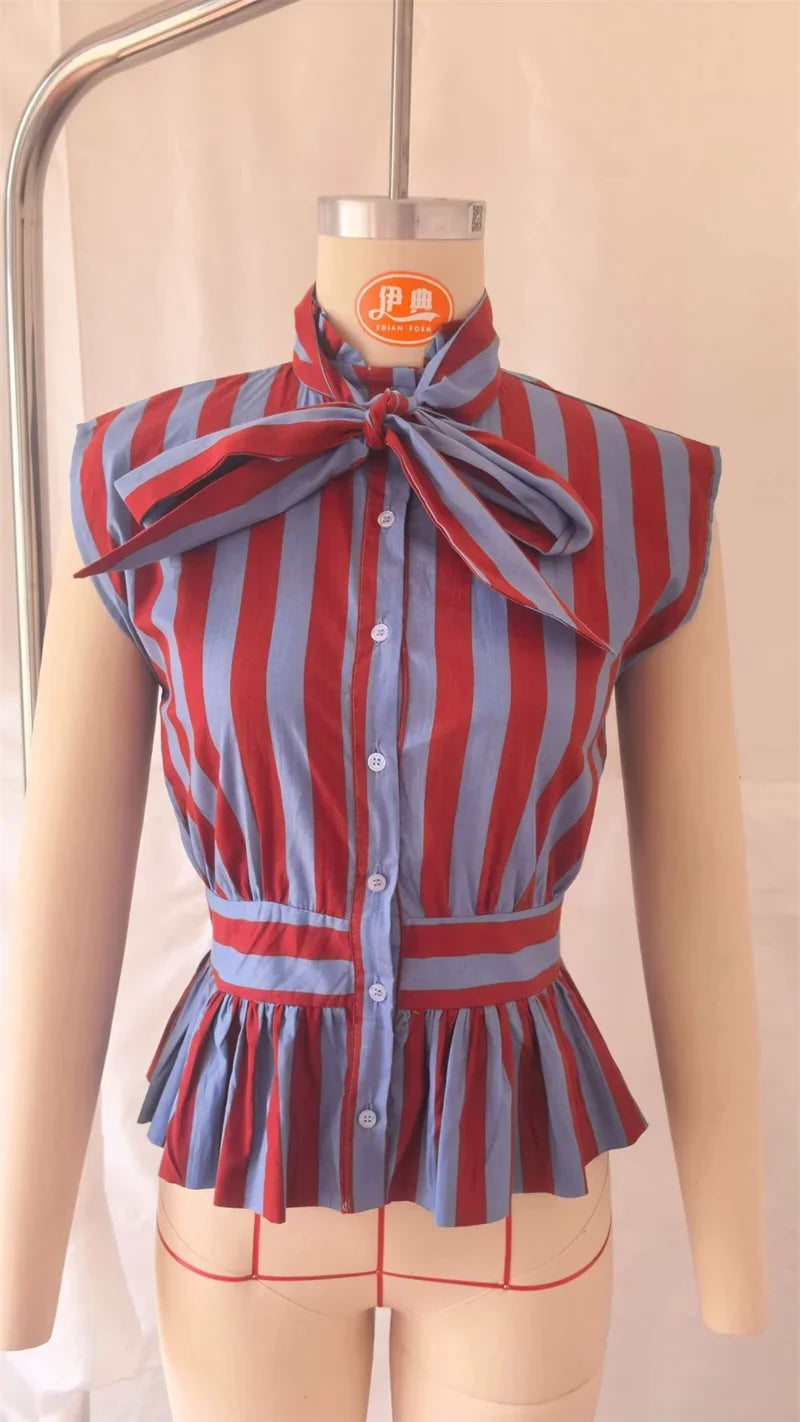 Women's Shirt 2026 Summer New Style Striped Sleeveless Waist-Fitted Shirt with Bow Decoration Romantic Style Personality Fashion    Your Coastal Marketplace | Shoreshopper.com