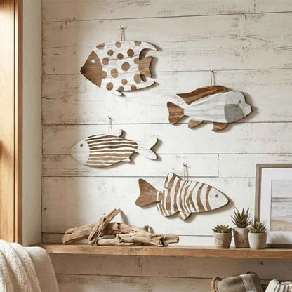 Marine Style Wooden Fish Wall Decor Ocean Theme School of Fish Fish Hanging Decor Handcrafted Rustic Carving Fish Pendant