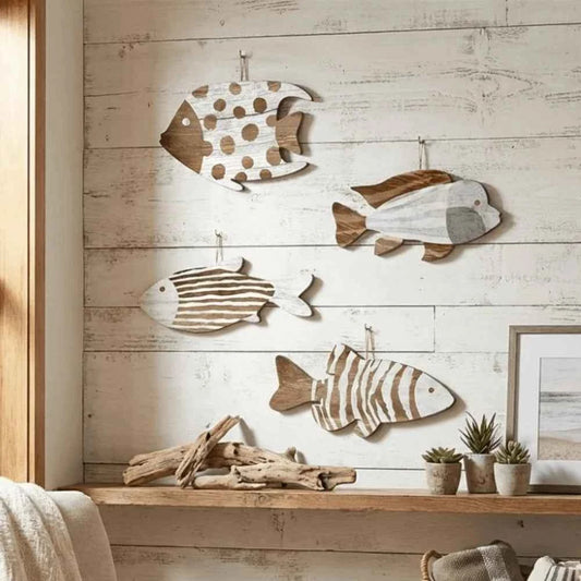 Marine Style Wooden Fish Wall Decor Ocean Theme School of Fish Fish Hanging Decor Handcrafted Rustic Carving Fish Pendant