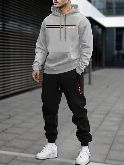 Men's Classic Personalized Fashion Paris Alphabet Stripe Printed Machine Washable Hooded Sweatshirt and Pants Casual Sports Set    Home Decor Supply | Online Retail | ShoreShopper.com