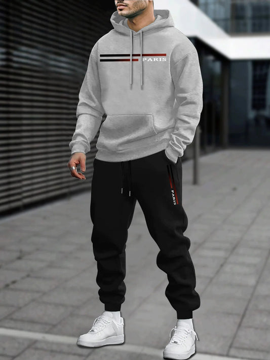 Men's Classic Personalized Fashion Paris Alphabet Stripe Printed Machine Washable Hooded Sweatshirt and Pants Casual Sports Set    Home Decor Supply | Online Retail | ShoreShopper.com