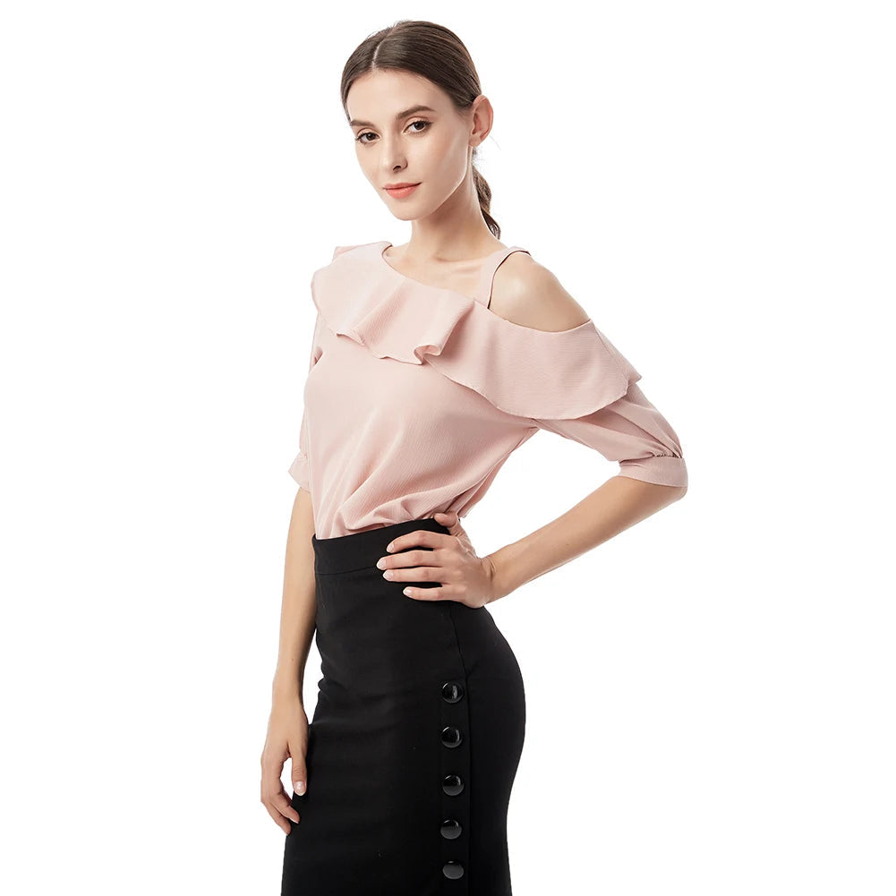Women's Shirt Tops One-Shoulder Ruffles Short-sleeved Chiffon Blouse    Your Coastal Marketplace | Shoreshopper.com
