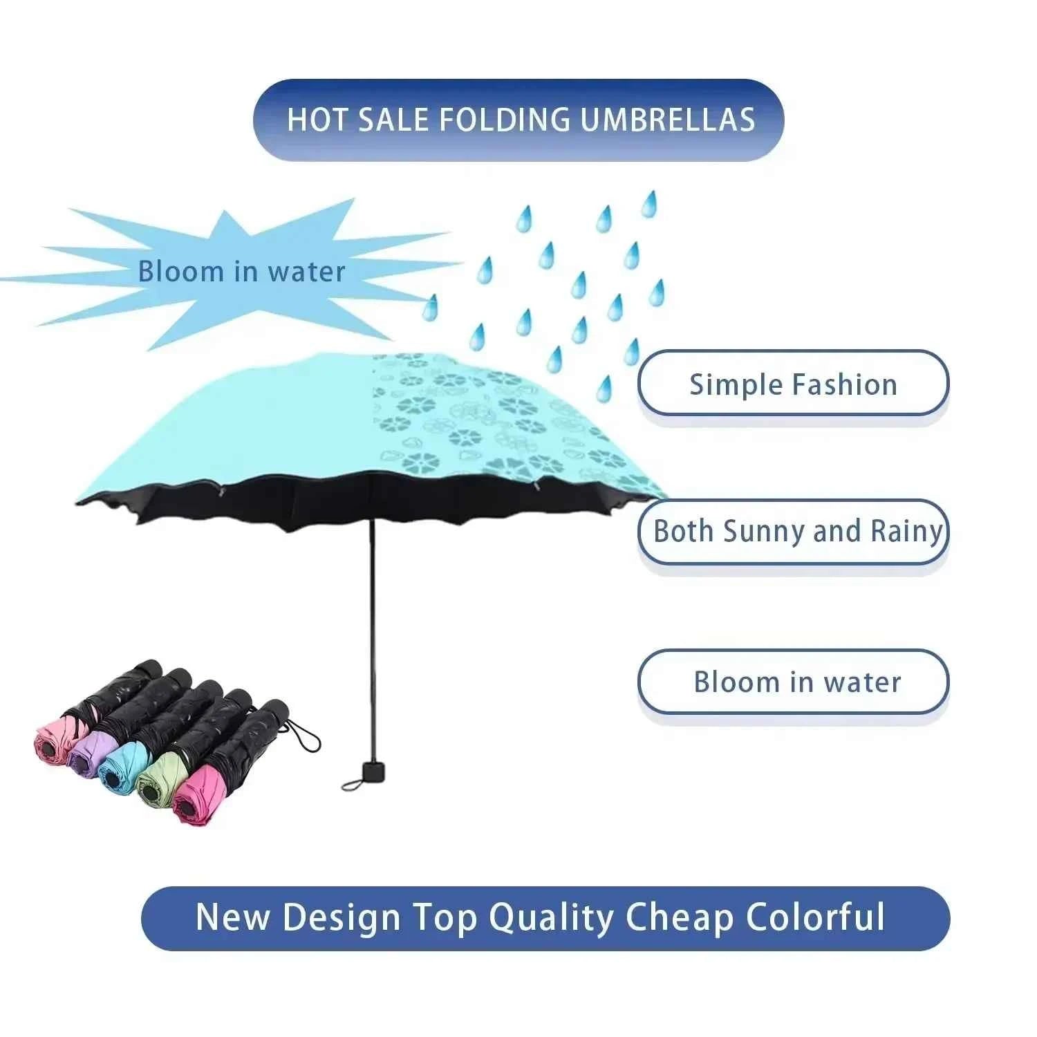 Umbrella Encountering Water Flowering 3-Fold Handheld Travel Umbrella UV Protection Portable Rain Umbrella with Parasol Frame