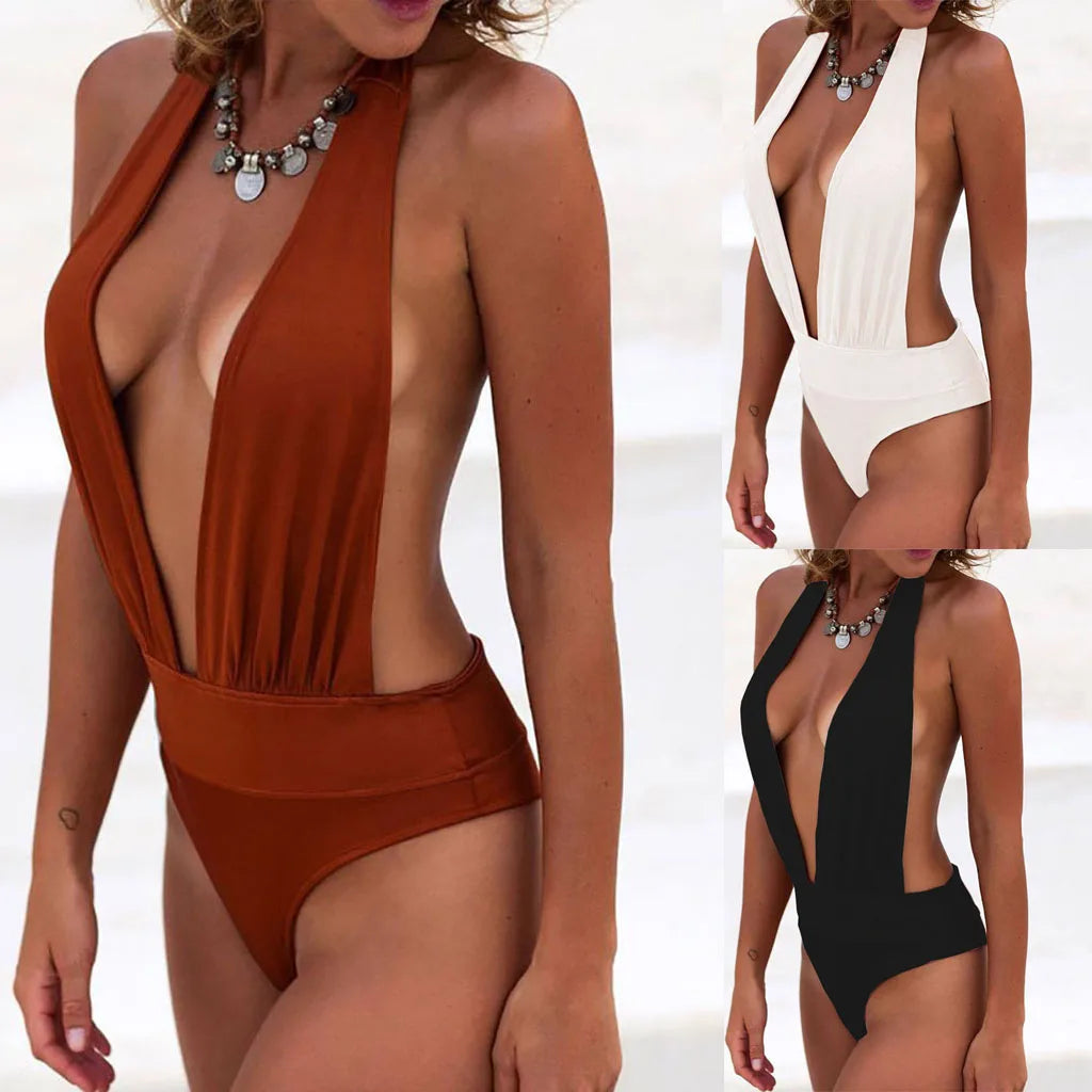 2025Beach vacation Sexy beachwear backless thong neckhang V-neck one-piece bikini A woman's sexy bathing suit fashion jumpsuit    Your Coastal Marketplace | Shoreshopper.com