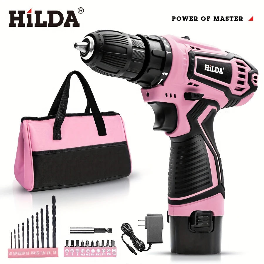 HILDA 21V Pink Drill Electric Drill Electric Screwdriver  Cordless Drill Mini Wireless Power Tools Lithium-Ion Battery - ShoreCo.Shop