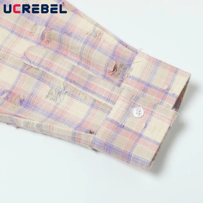 Ripped Plaid Long Sleeve Shirts Mens Pocket Autumn High Street Loose Lapel Single Breasted Checked Shirt Men    Home Decor Supply | Online Retail | ShoreShopper.com