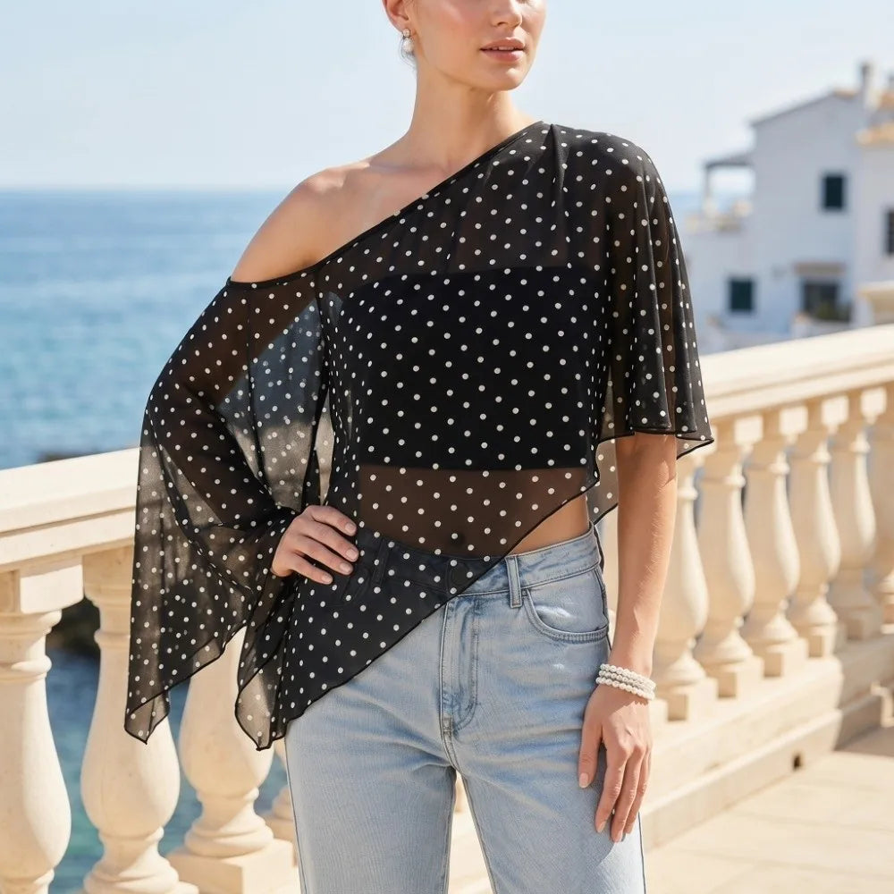Beach Wear Transparent Sunscreen Cover-up Polka Dot Cloak Clear Cover Shirt Loose Fit Short Sheer Top Off Shoulder Blouse Beach    Your Coastal Marketplace | Shoreshopper.com