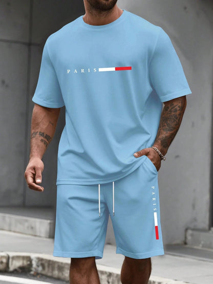 Paris Letter Print Men Spring and Summer Two Pieces Set Casual Round Neck Short Sleeve T-shirt Shorts Sport Suit Print Clothing    Home Decor Supply | Online Retail | ShoreShopper.com