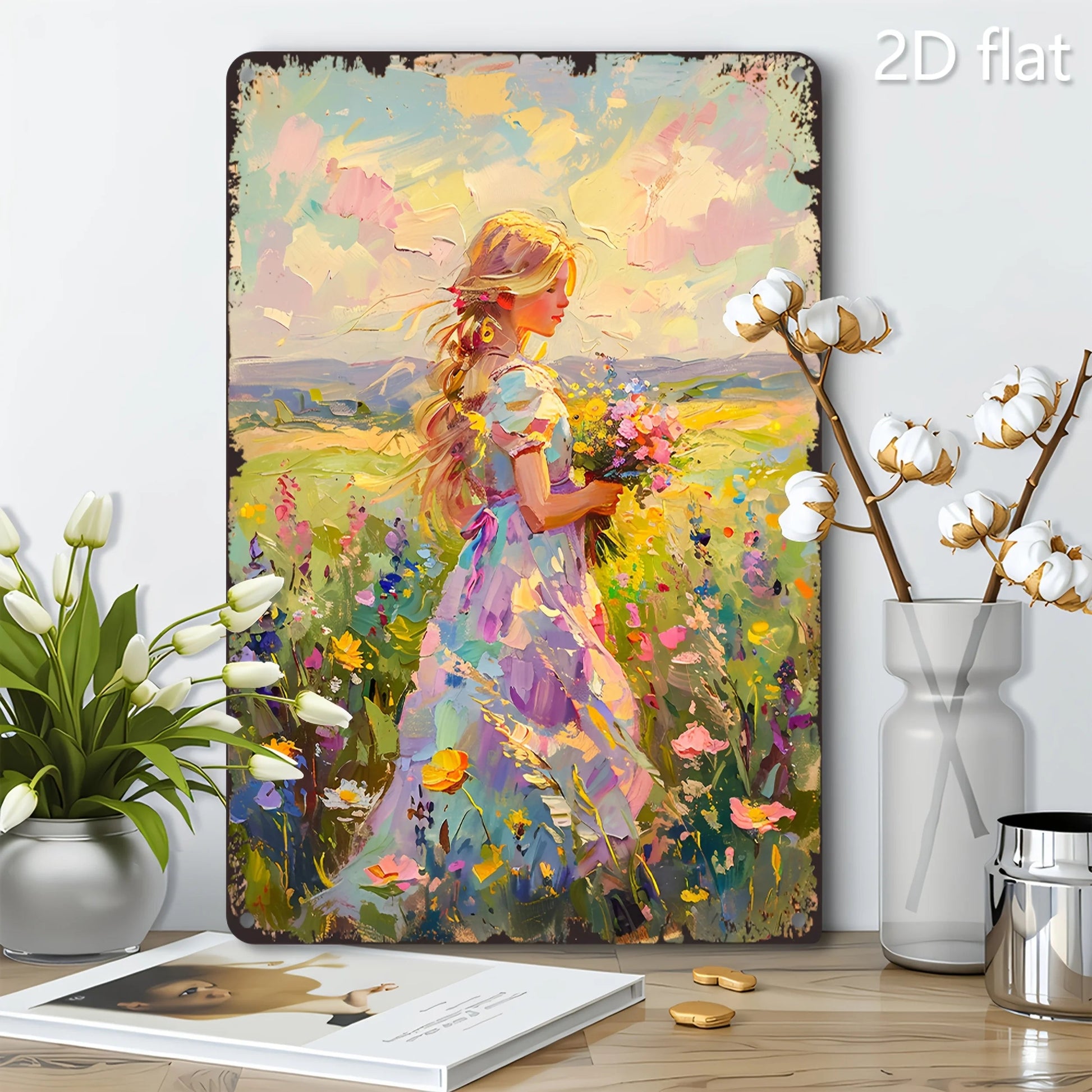 Vibrant Floral Scene 2D Flat Wall Art - Blonde Woman & Wildflowers Metal Sign, 8x12 Inch Indoor/Outdoor Decor    Home Decor Supply | Online Retail | ShoreShopper.com